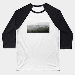 Mist and rain floats across trees in the Scottish Highlands Baseball T-Shirt